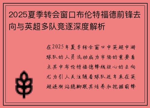 2025夏季转会窗口布伦特福德前锋去向与英超多队竞逐深度解析 2025夏季转会窗口布伦特福德前锋去向与英超多队竞逐深度解析
